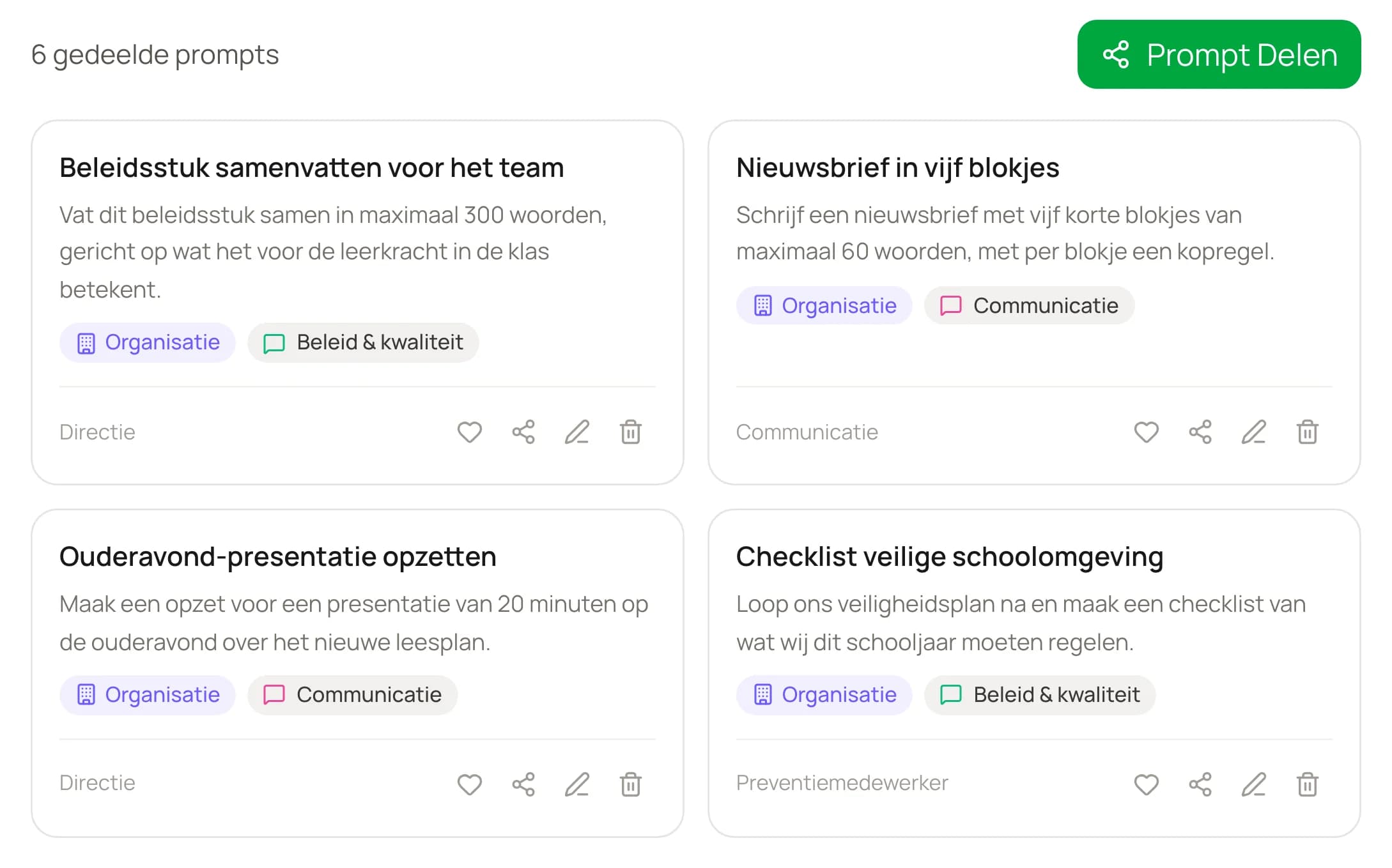 Uitsnede uit Brain Buddy: gedeelde prompts met de knop Prompt Delen. Vier kaarten zijn zichtbaar, gedeeld met de organisatie door de directie, communicatie en de preventiemedewerker.