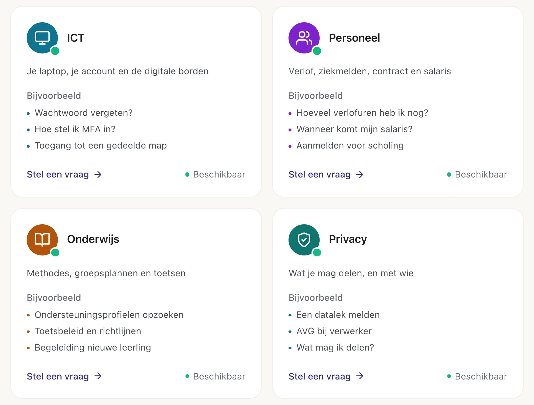 Uitsnede uit Intra: vier AI-assistenten in kaarten: ICT, Personeel, Onderwijs en Privacy. Elke kaart heeft een korte omschrijving, drie voorbeeldvragen en de status Beschikbaar.