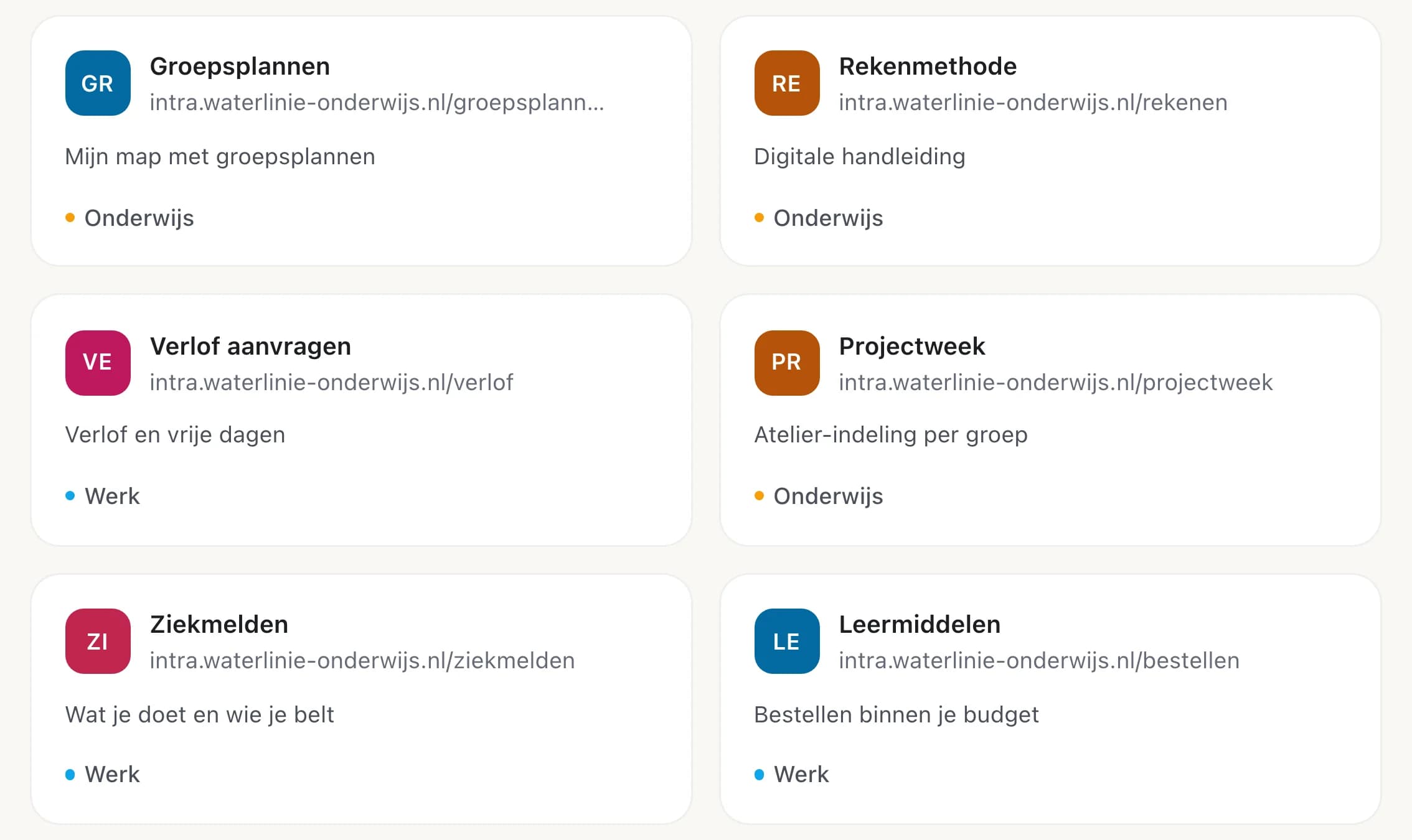 Uitsnede uit Intra: zes snelkoppelingen op de favorietenpagina. Elke snelkoppeling heeft een naam, het adres, een korte omschrijving en een categorie zoals Onderwijs of Werk.