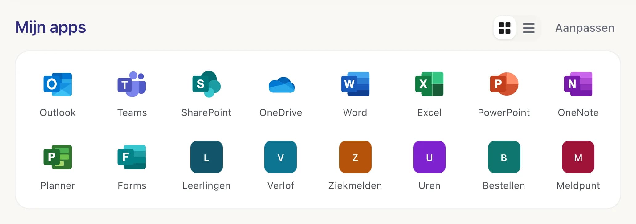 Uitsnede uit Intra: het blok 'Mijn apps' met zestien iconen. Tien Microsoft 365-apps zoals Outlook, Teams en SharePoint, en zes eigen apps: Leerlingen, Verlof, Ziekmelden, Uren, Bestellen en Meldpunt.