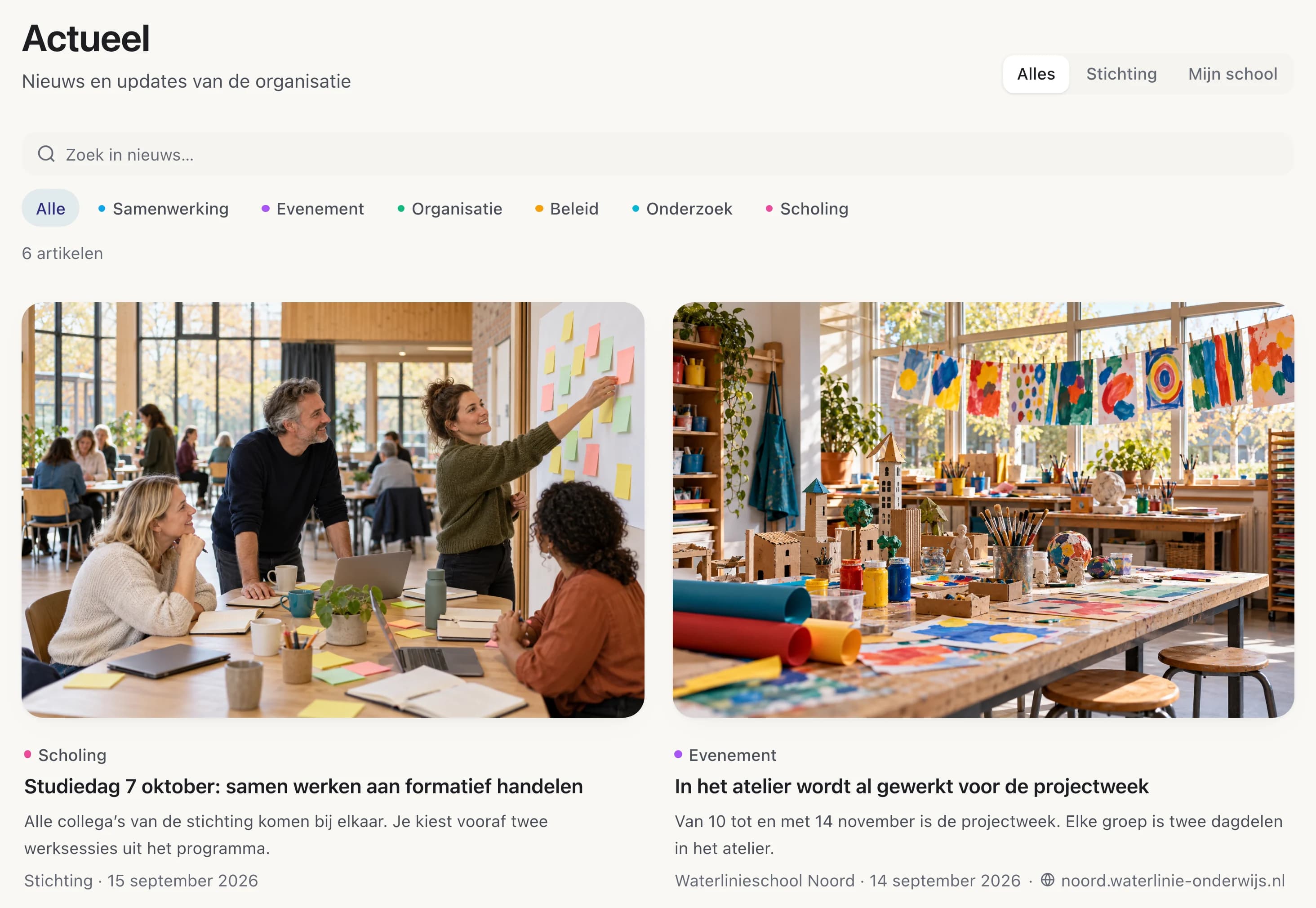 Uitsnede uit Intra: de nieuwspagina Actueel met de keuze Alles, Stichting of Mijn school en een rij onderwerpen. Daaronder twee berichten met een foto: een studiedag met collega’s rond een tafel met sticky notes, en een atelier vol kinderwerk. Bij het tweede bericht staat als bron noord.waterlinie-onderwijs.nl.
