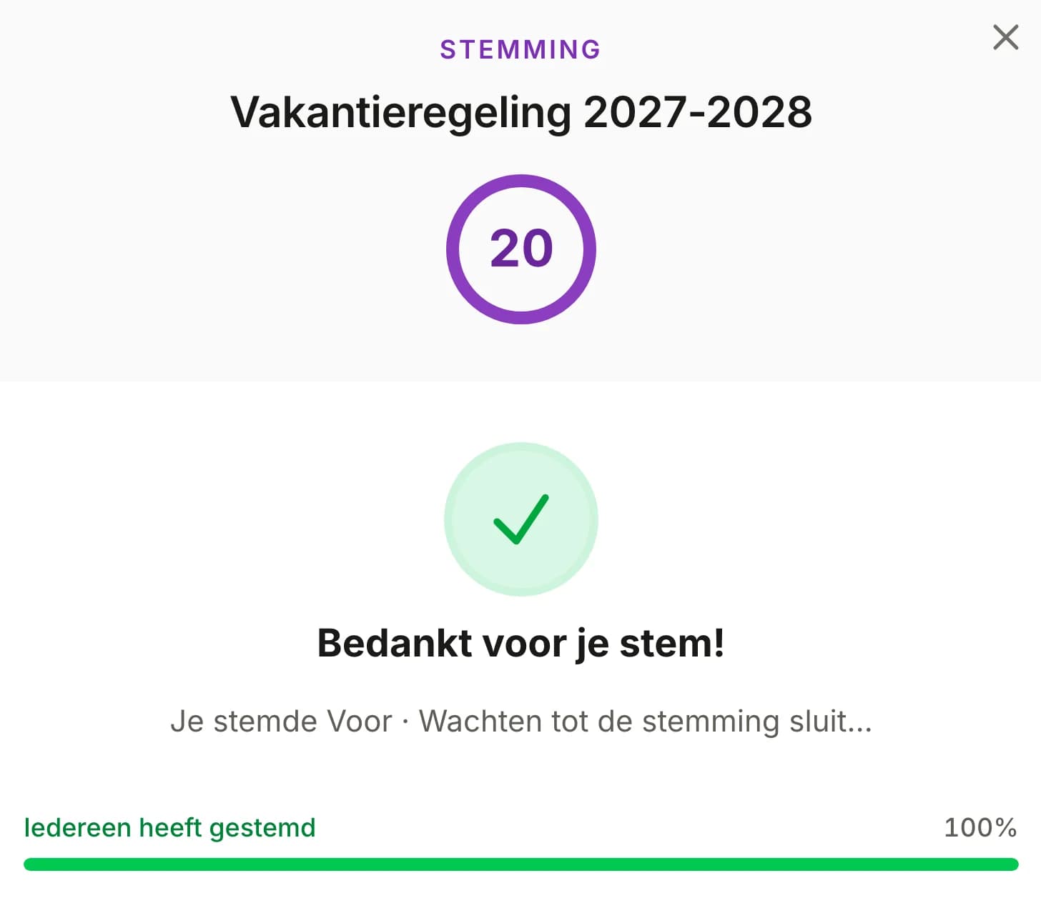 Uitsnede uit Meetings: het stemvenster voor Vakantieregeling 2027-2028 met een aftelling op 20 seconden, de melding Bedankt voor je stem en een volle balk met de tekst Iedereen heeft gestemd.
